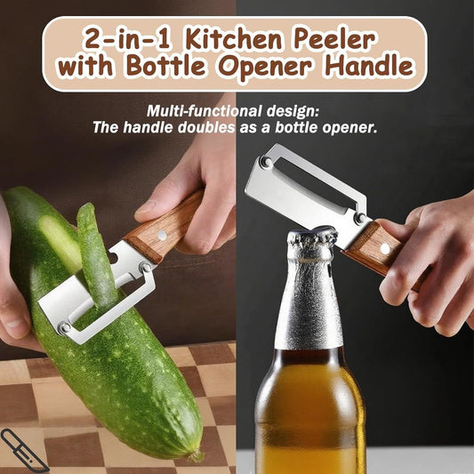 Stainless Steel Kitchen Peeler with Wooden Handle & Bottle Opener | Vegetable & Fruit Peeling Tool